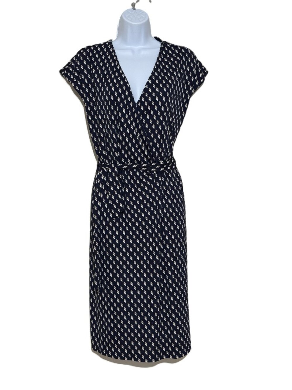 Ann Taylor Wrap Dress Womens 12 L Blue Geometric Matte Jersey Cocktail Office